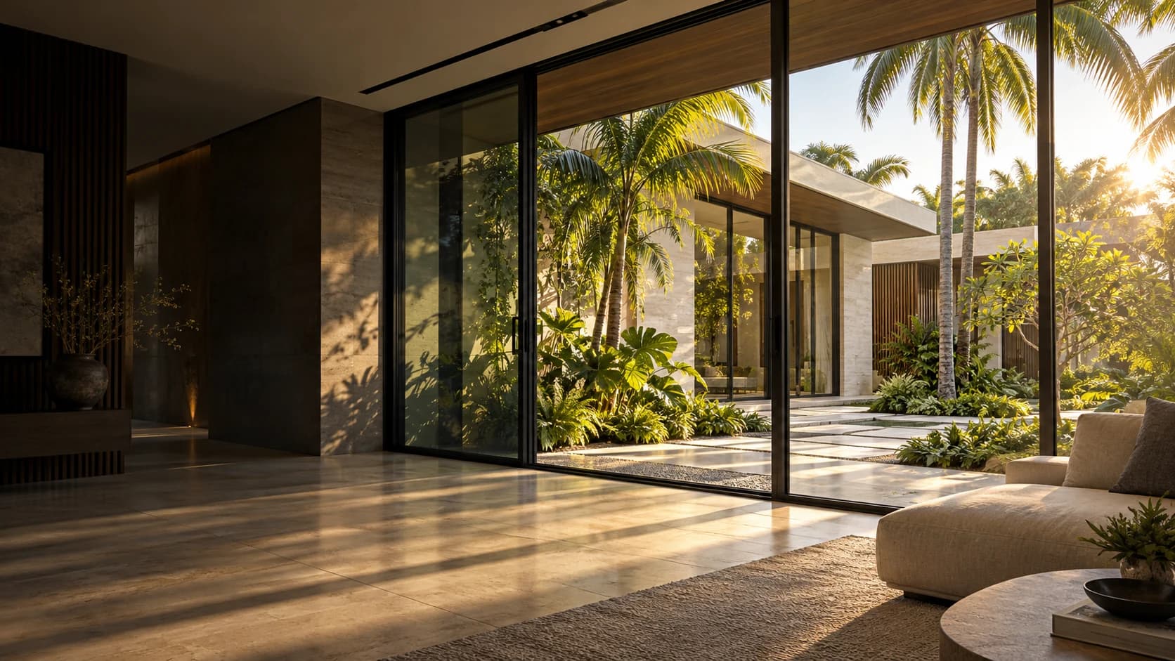 Architectural concept of a modern coastal living room with tall charcoal-framed glass doors opening to a palm-filled courtyard